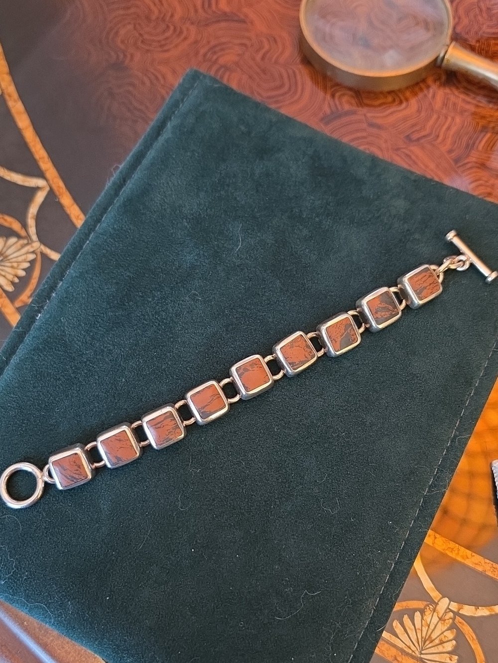 Vintage Mexico 925 Sterling Silver Mahogany Obsidian Brown Black Stone Bracelet